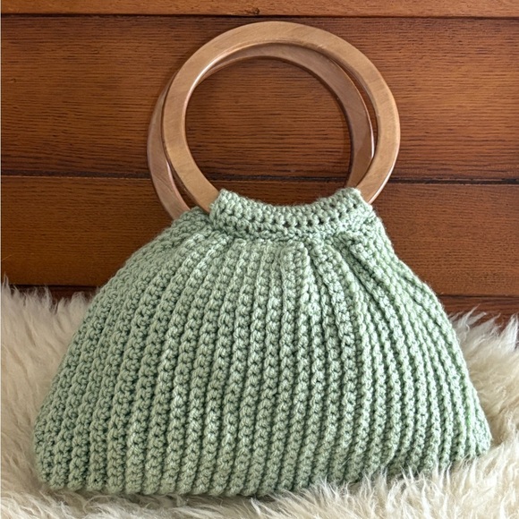 Hand Knit Sage Green w/Flower Wooden Handle Baguette Bag - Picture 2 of 5